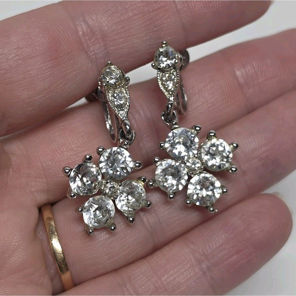 Vintage Bogoff Signed Rhinestones Screw Back Clip On Drop Earrings Formal Party